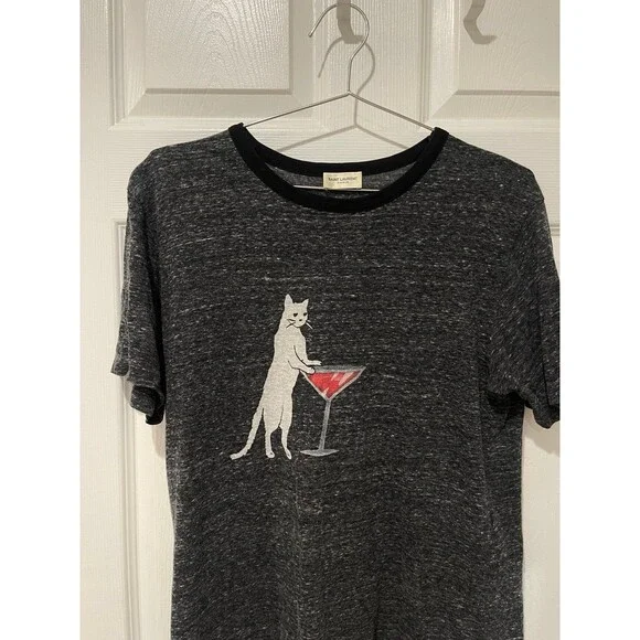 2017 Saint Laurent ‘Martini Cat’ Speckled Grey Graphic T-Shirt - Picture 2 of 4